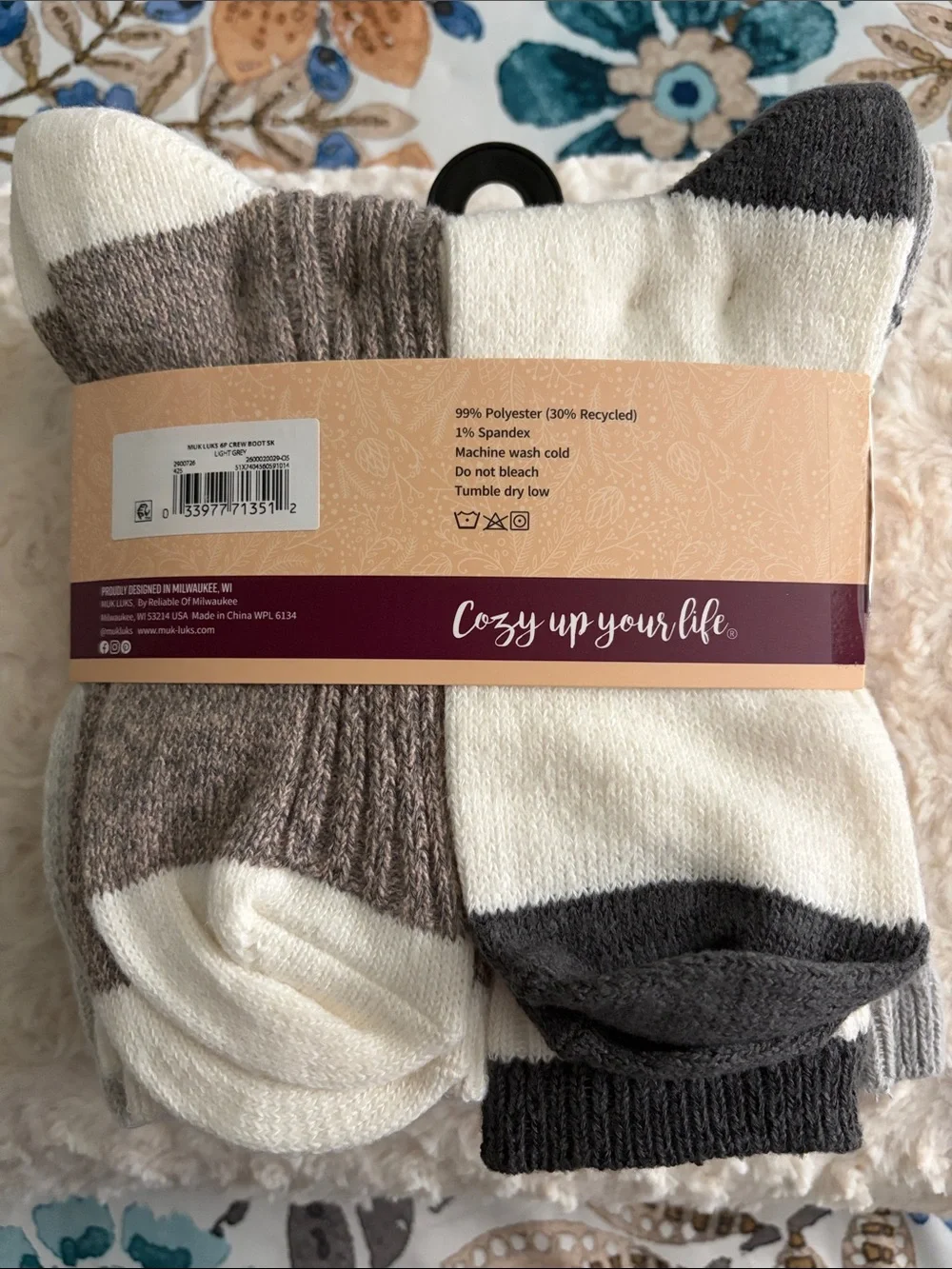 Muk Luks Women’s Gray & Taupe Striped Crew Boot Socks - 6 Pack 6-11